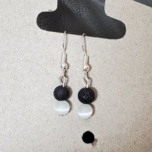 Silver Tone Hook Lava Bead and Cat's Eye Earrings Tony Alexander Jewelry Artisan